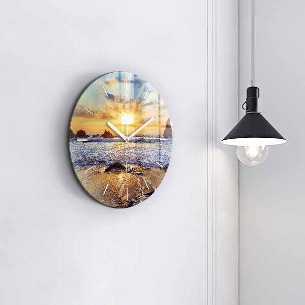 Round glass clock Sunset on the beach