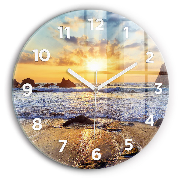 Round glass clock Sunset on the beach
