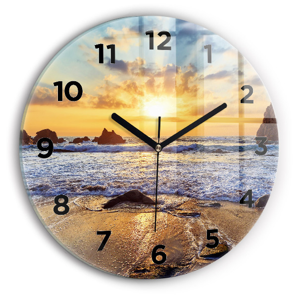 Round glass clock Sunset on the beach