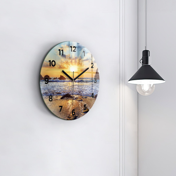 Round glass clock Sunset on the beach