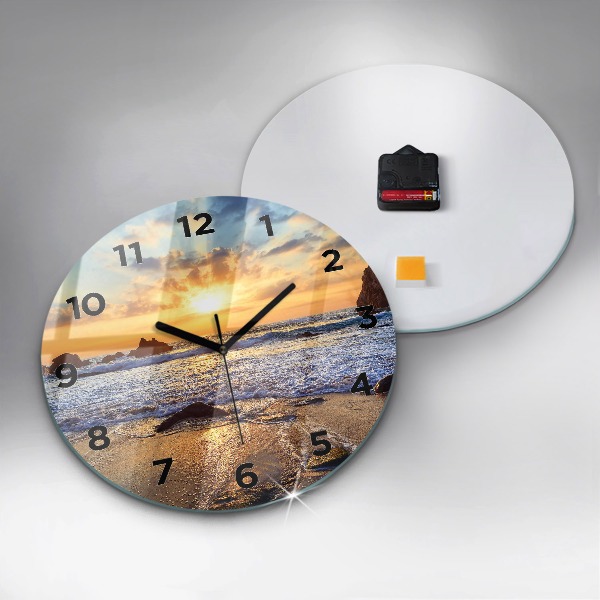 Round glass clock Sunset on the beach