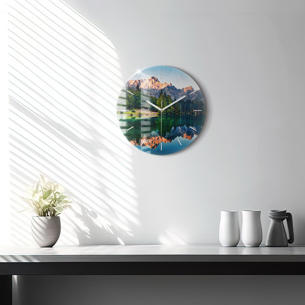 Round glass clock Lake landscape