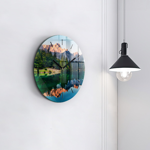 Round glass clock Lake landscape