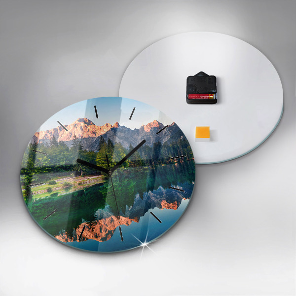 Round glass clock Lake landscape