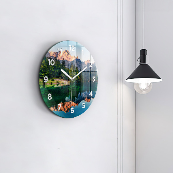 Round glass clock Lake landscape