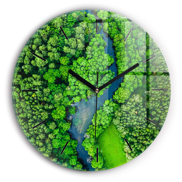 Round glass clock River in the forest