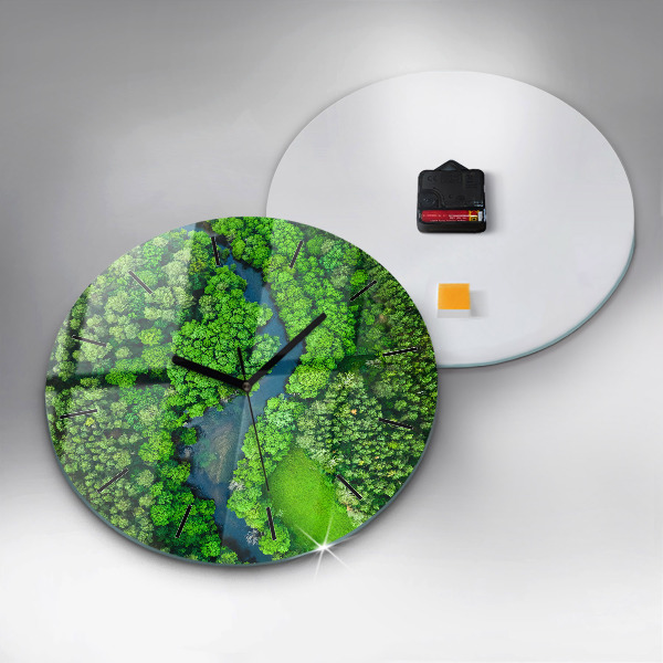 Round glass clock River in the forest