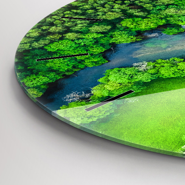 Round glass clock River in the forest