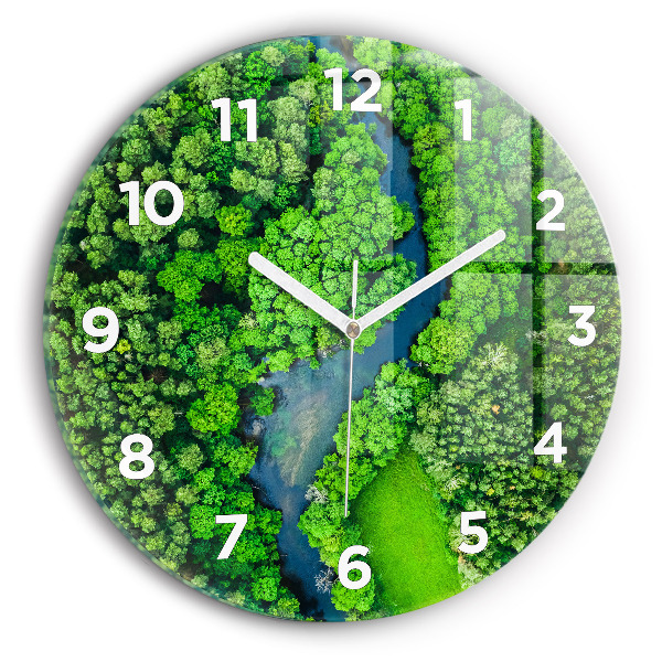 Round glass clock River in the forest