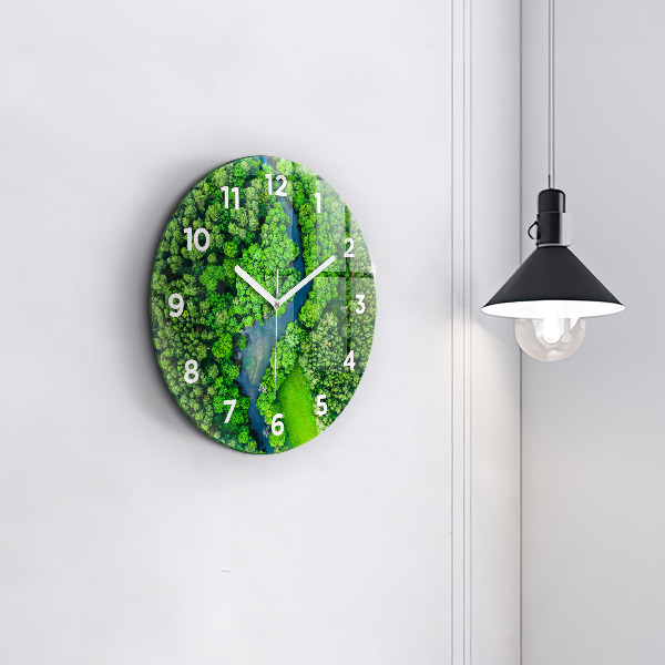 Round glass clock River in the forest