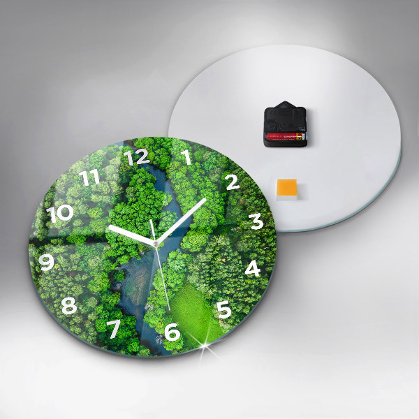 Round glass clock River in the forest