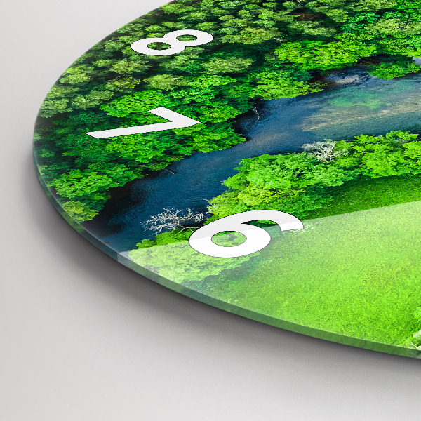 Round glass clock River in the forest