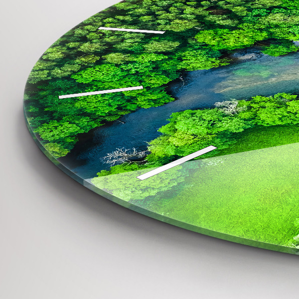 Round glass clock River in the forest