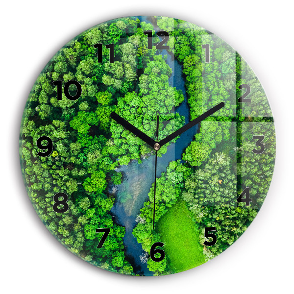 Round glass clock River in the forest