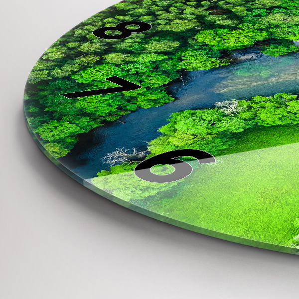 Round glass clock River in the forest