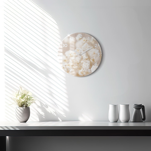 Round glass clock Small white flowers