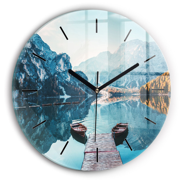 Round glass clock Boats on the lake