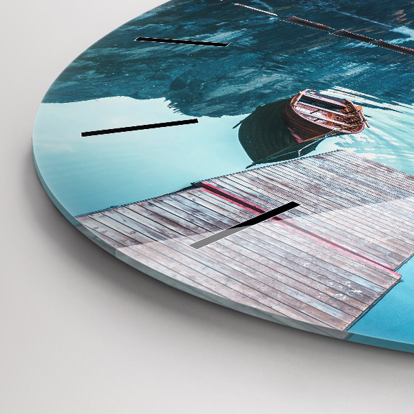 Round glass clock Boats on the lake