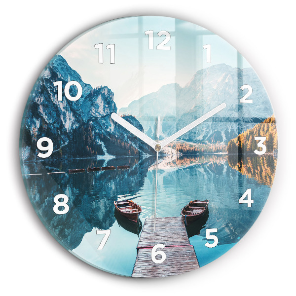 Round glass clock Boats on the lake