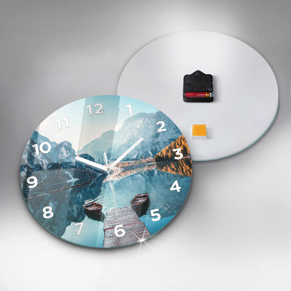 Round glass clock Boats on the lake
