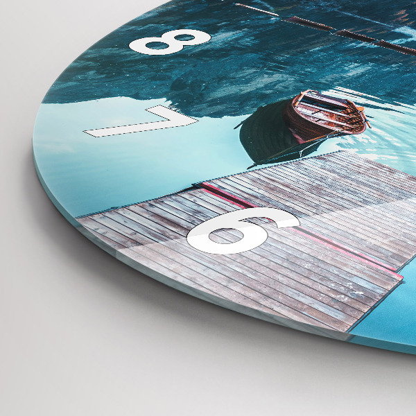 Round glass clock Boats on the lake