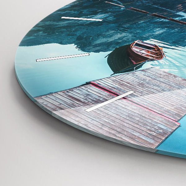 Round glass clock Boats on the lake