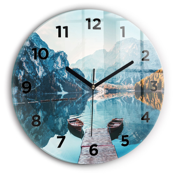 Round glass clock Boats on the lake