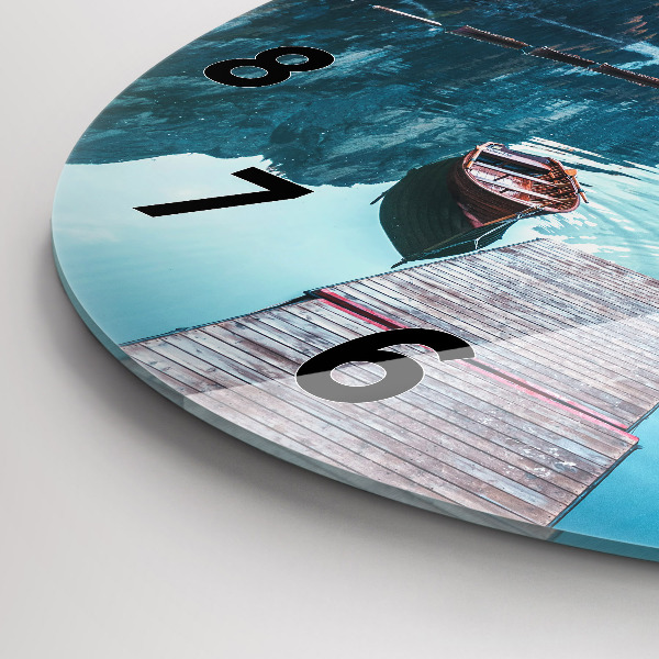 Round glass clock Boats on the lake