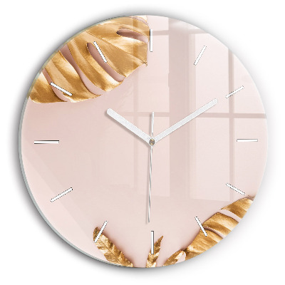 Round glass clock Golden tropical leaves