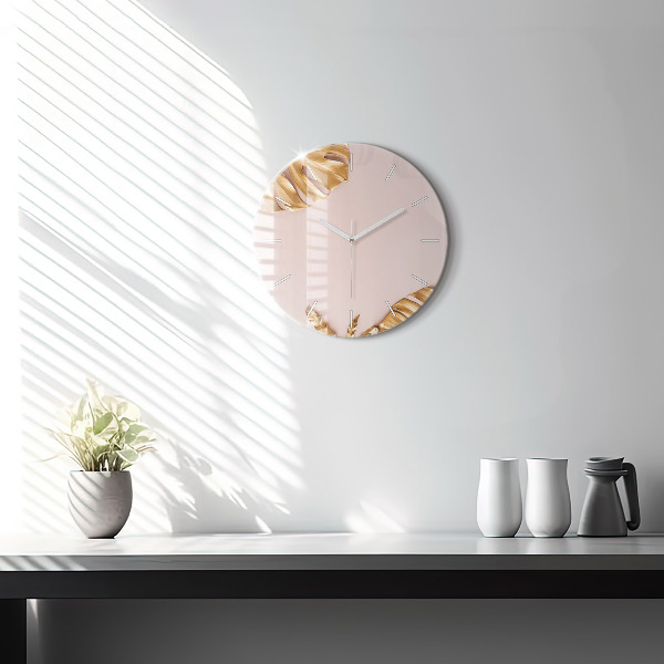Round glass clock Golden tropical leaves