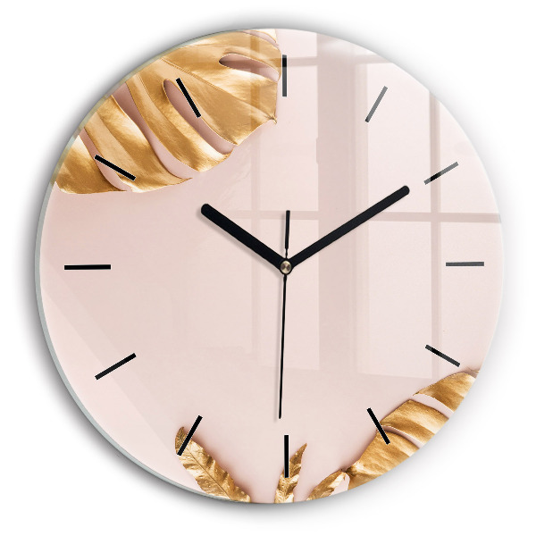 Round glass clock Golden tropical leaves