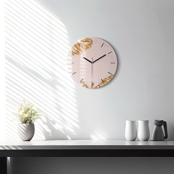 Round glass clock Golden tropical leaves