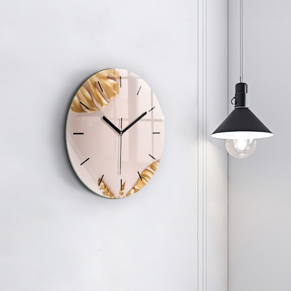 Round glass clock Golden tropical leaves