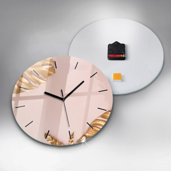Round glass clock Golden tropical leaves