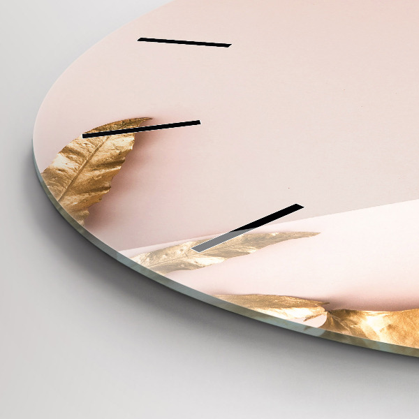Round glass clock Golden tropical leaves
