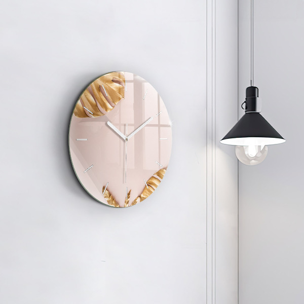 Round glass clock Golden tropical leaves