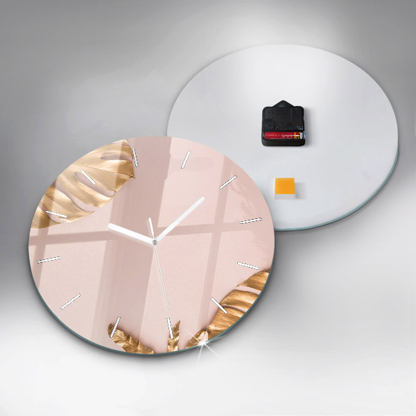 Round glass clock Golden tropical leaves