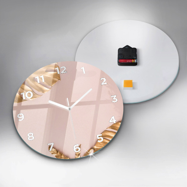 Round glass clock Golden tropical leaves
