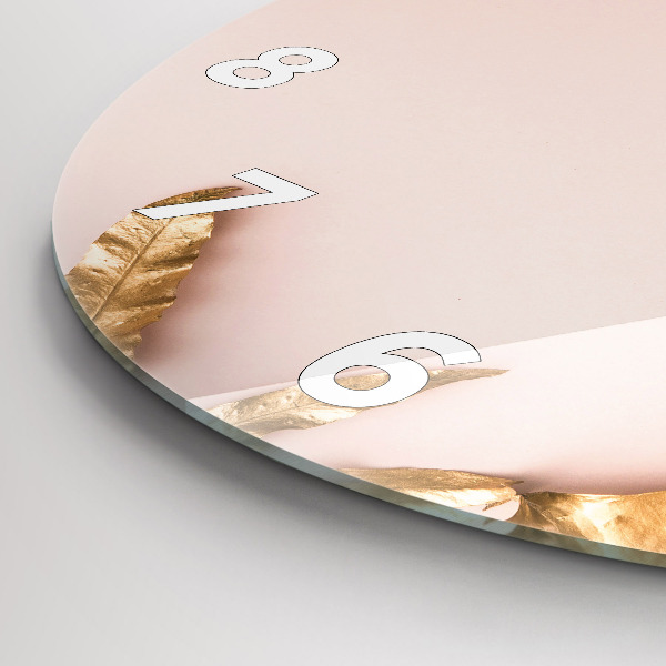 Round glass clock Golden tropical leaves