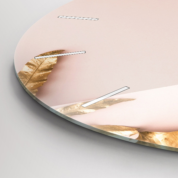 Round glass clock Golden tropical leaves