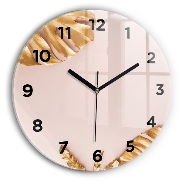 Round glass clock Golden tropical leaves