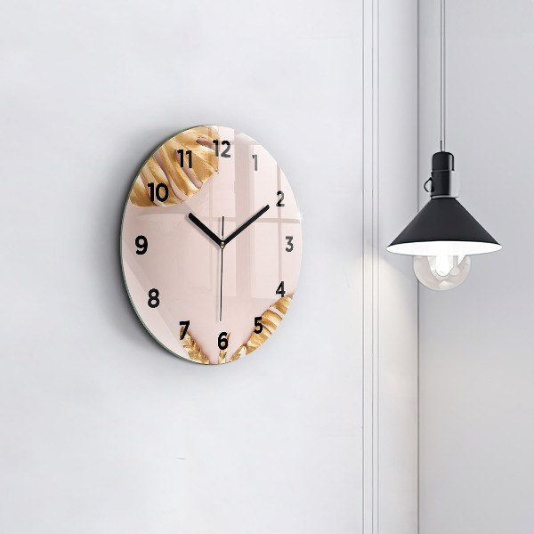 Round glass clock Golden tropical leaves