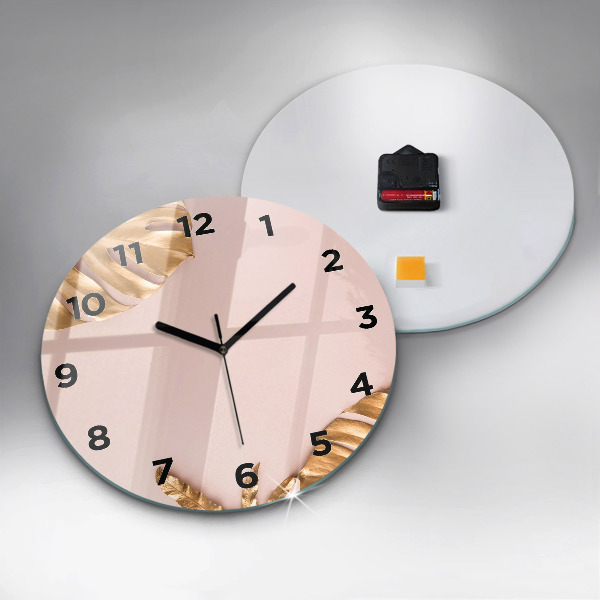 Round glass clock Golden tropical leaves