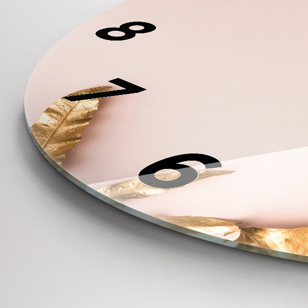 Round glass clock Golden tropical leaves
