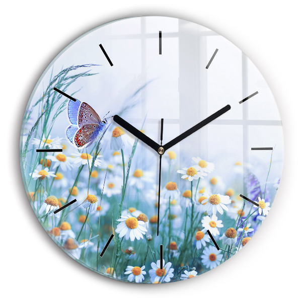 Round glass clock Butterfly in the meadow