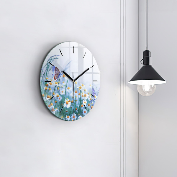 Round glass clock Butterfly in the meadow