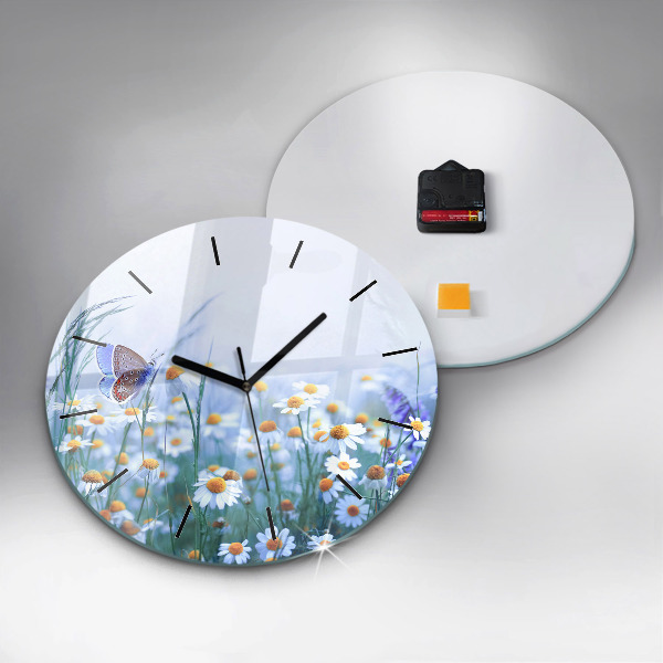 Round glass clock Butterfly in the meadow