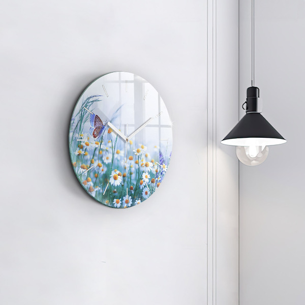 Round glass clock Butterfly in the meadow