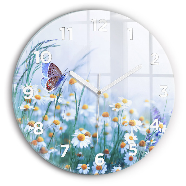 Round glass clock Butterfly in the meadow