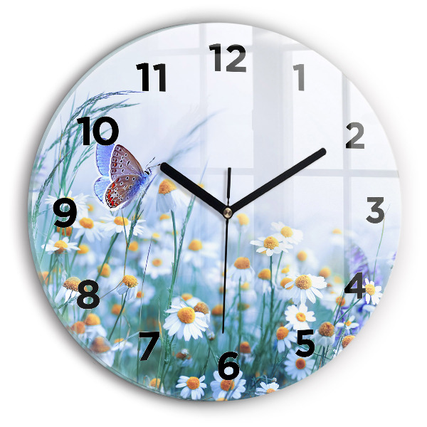 Round glass clock Butterfly in the meadow